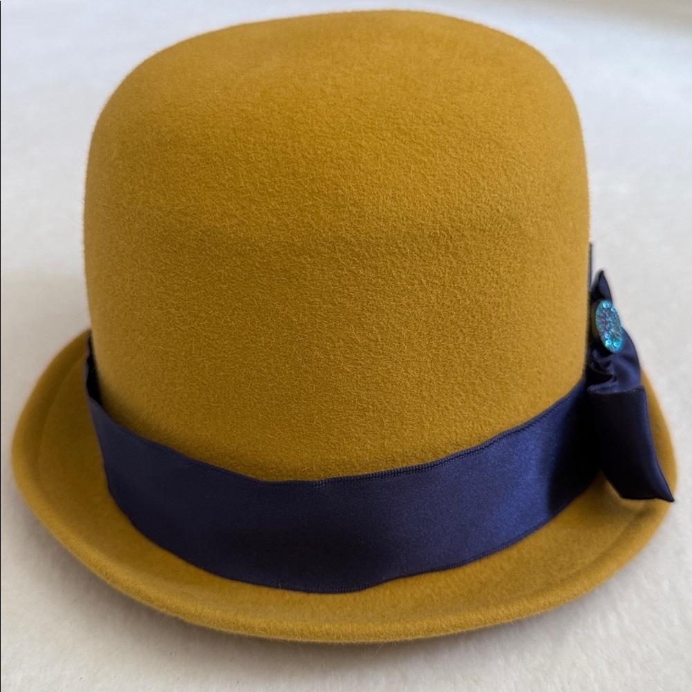 {VTG} Linda Campisano | Felt Cloche Ribbon Trimmed Hat Mustard Yellow/Purple - Picture 6 of 11